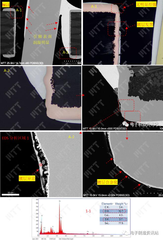NG1 不良焊點(diǎn)切片后金相及SEM+EDS分析結(jié)果